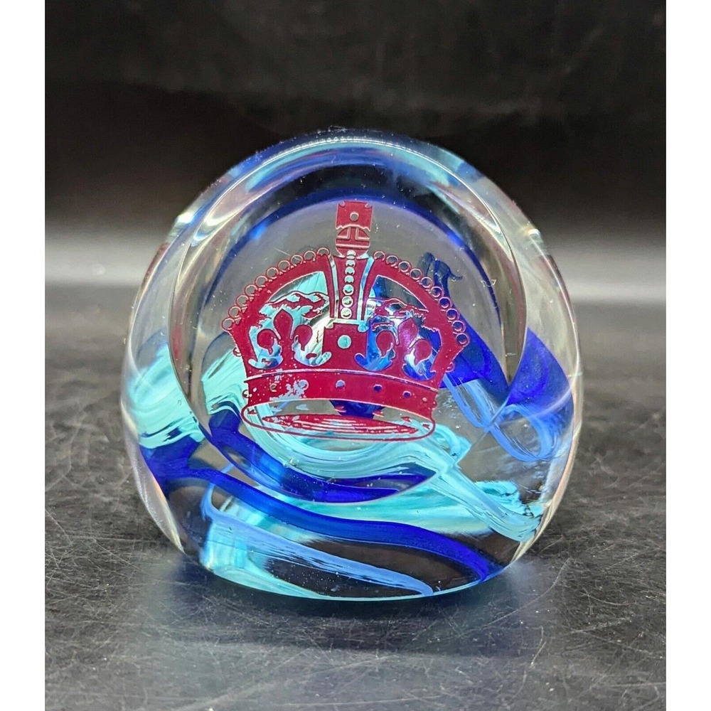 Caithness Art Glass GOLDEN JUBILEE Regal Crown Magnum Paperweight Blue 5"